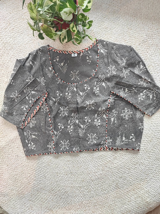 Grey Handblock Cotton Blouse with Sleeves Floral Print & Chevron Piping