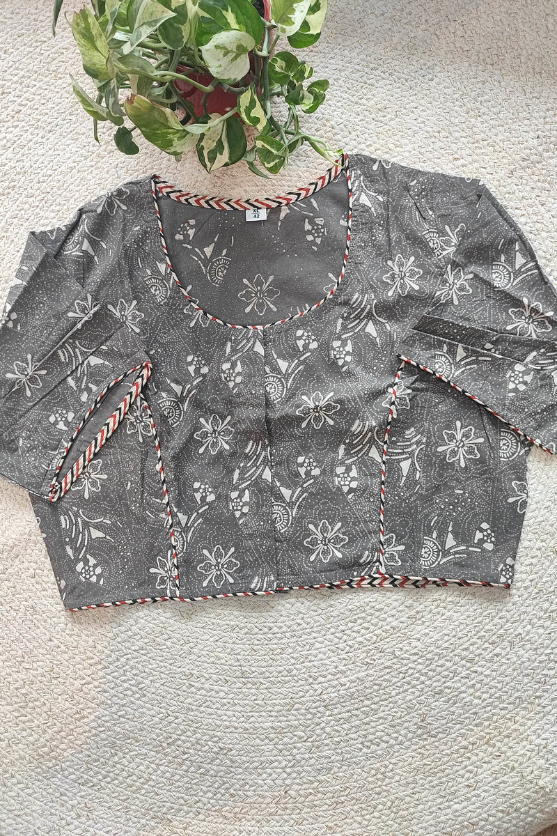 Grey Handblock Cotton Blouse with Sleeves Floral Print & Chevron Piping