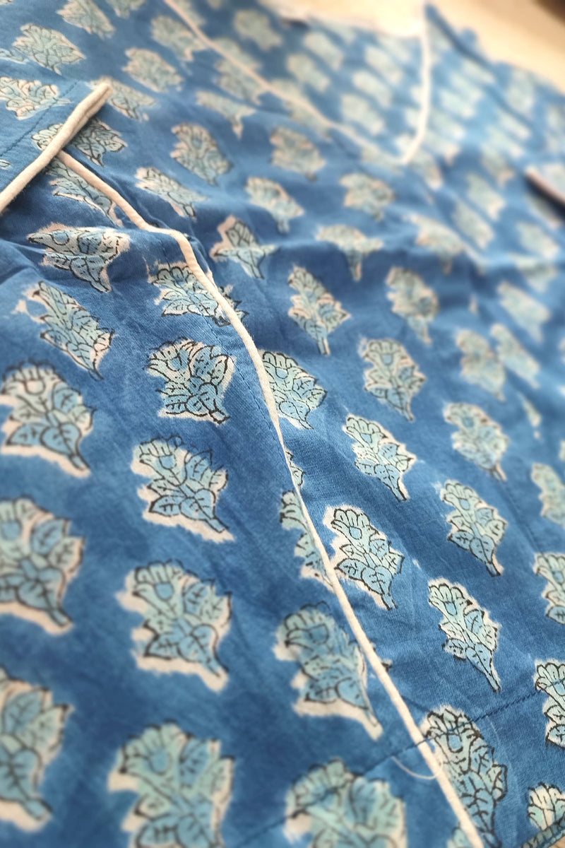 Blue Handblock Cotton Blouse with Sleeves and  Overlap V-Neck & White Piping