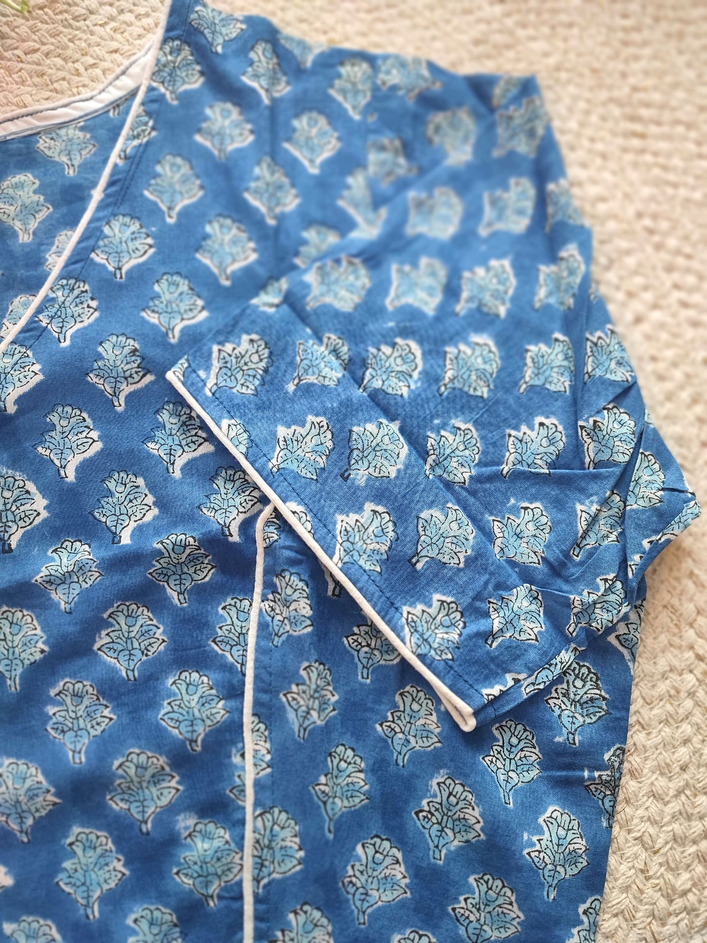 Blue Handblock Cotton Blouse with Sleeves and  Overlap V-Neck & White Piping