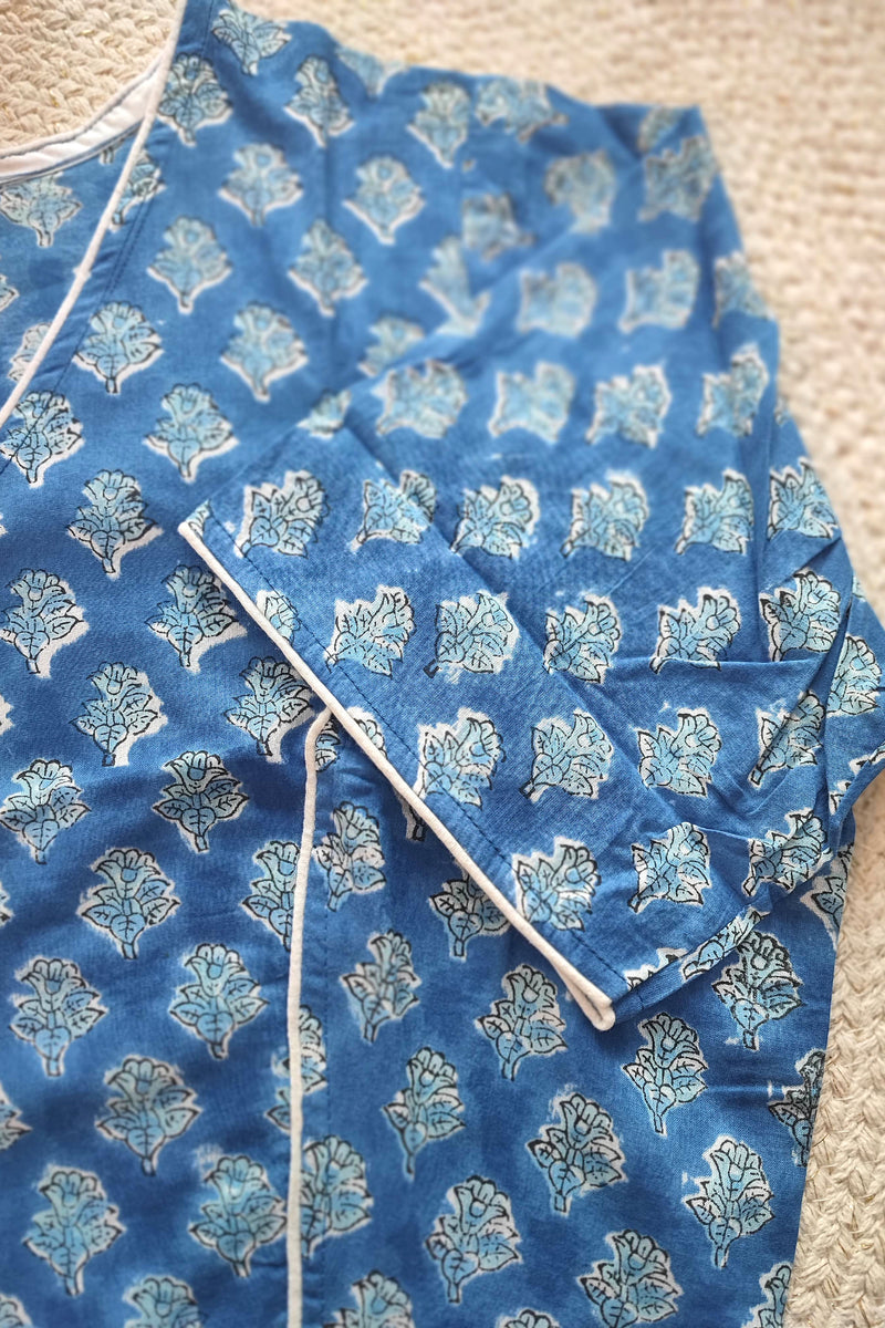 Blue Handblock Cotton Blouse with Sleeves and  Overlap V-Neck & White Piping