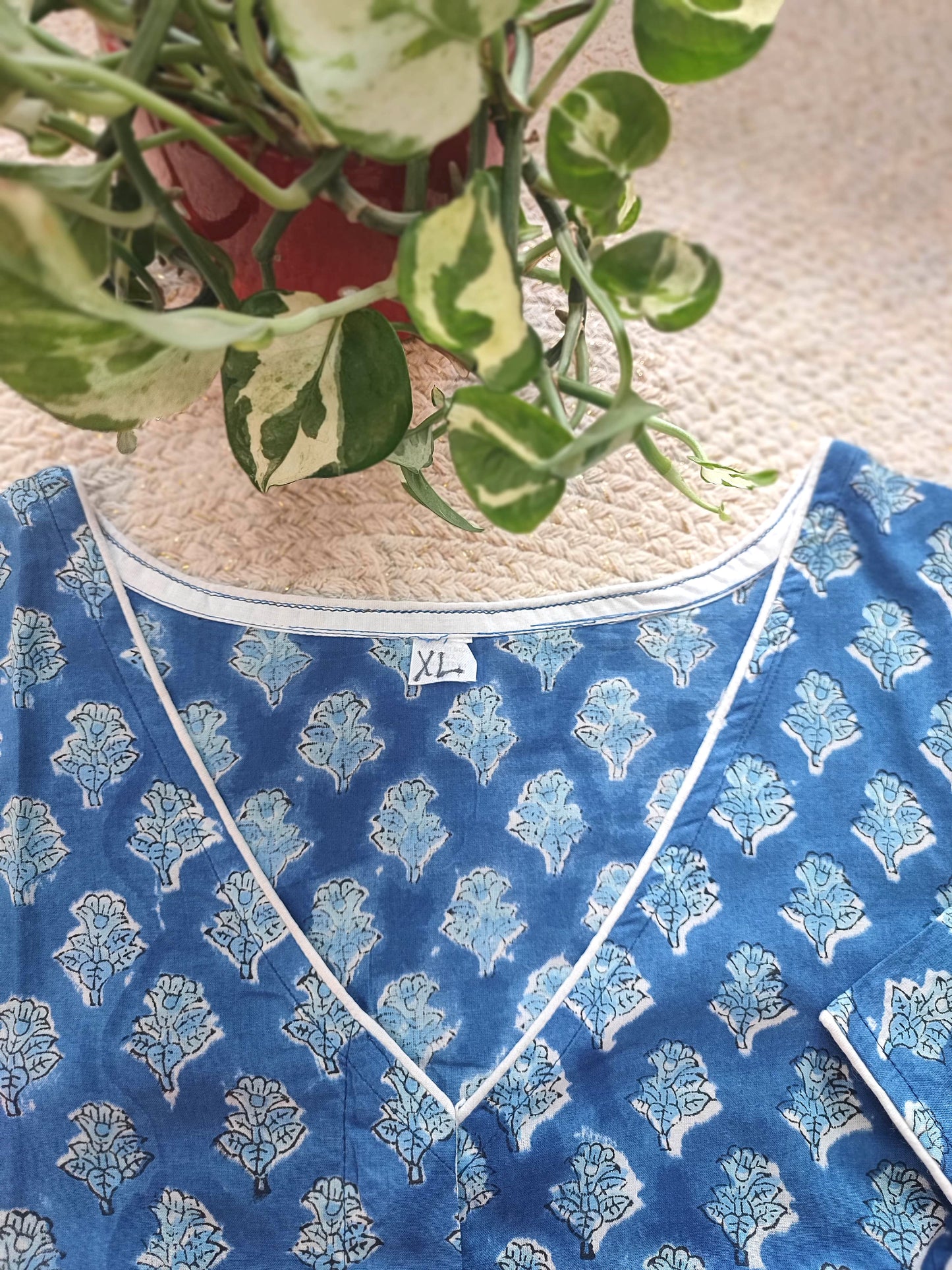 Blue Handblock Cotton Blouse with Sleeves and  Overlap V-Neck & White Piping