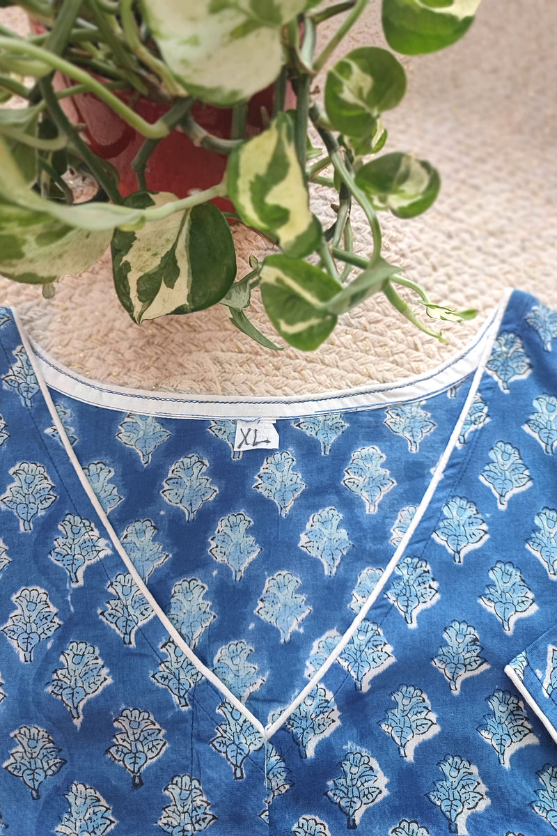 Blue Handblock Cotton Blouse with Sleeves and  Overlap V-Neck & White Piping