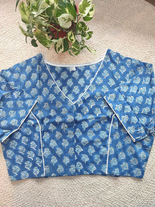 Blue Handblock Cotton Blouse with Sleeves and  Overlap V-Neck & White Piping