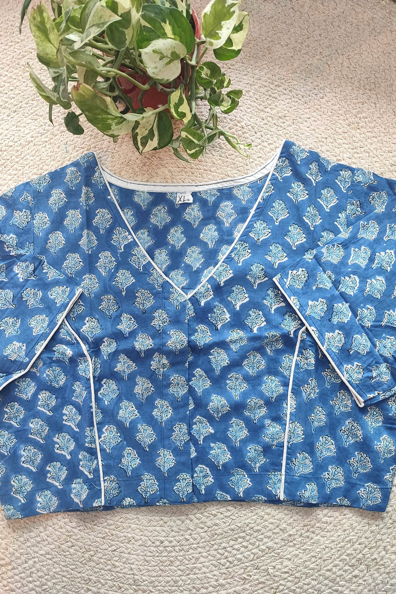 Blue Handblock Cotton Blouse with Sleeves and  Overlap V-Neck & White Piping