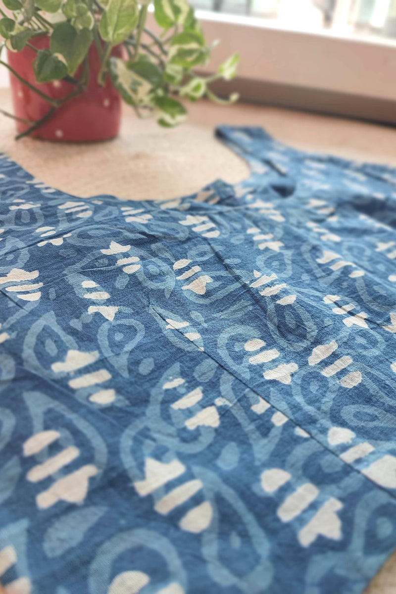 Indigo Handblock Abstract Print Sleeveless Cotton Blouse