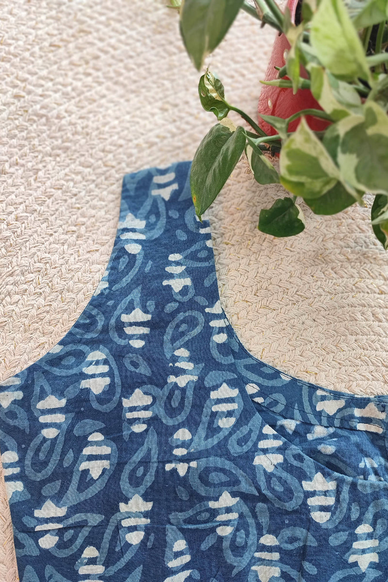 Indigo Handblock Abstract Print Sleeveless Cotton Blouse