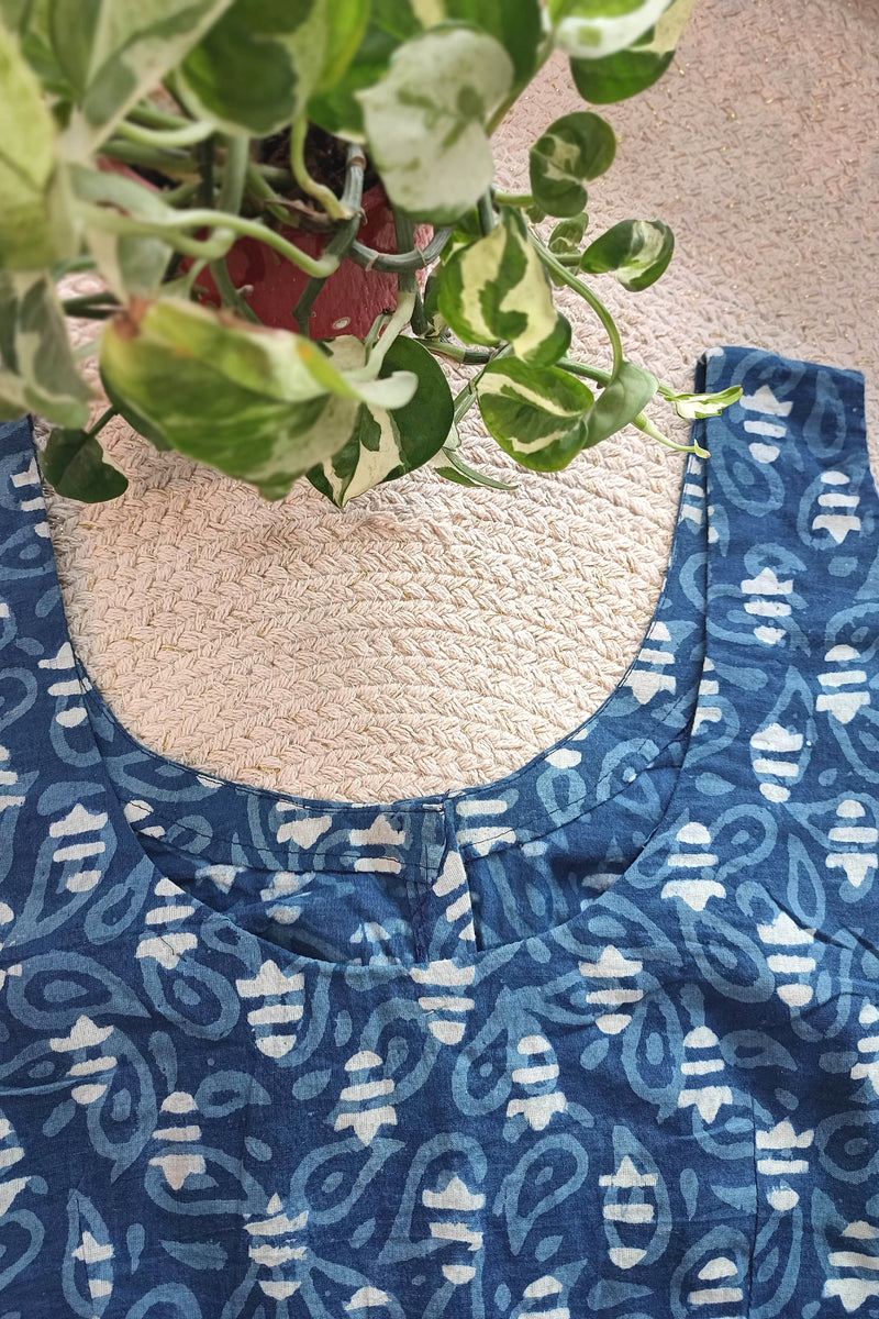 Indigo Handblock Abstract Print Sleeveless Cotton Blouse