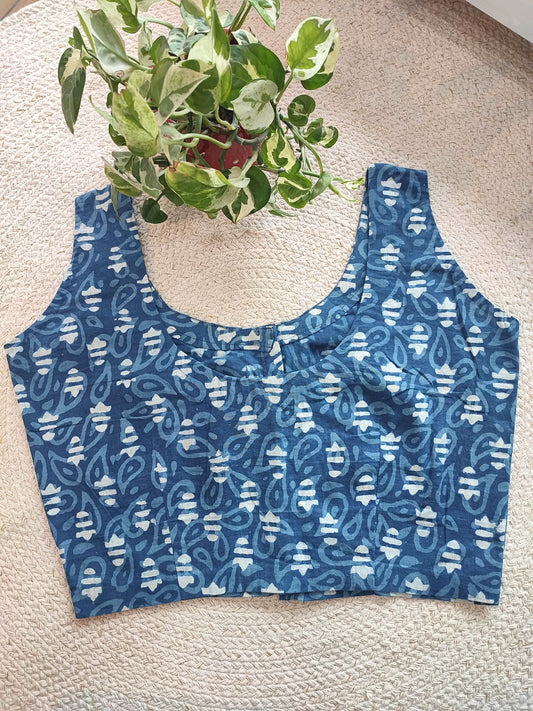 Indigo Handblock Abstract Print Sleeveless Cotton Blouse