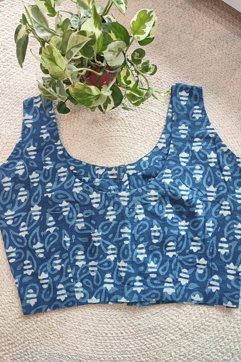 Indigo Handblock Abstract Print Sleeveless Cotton Blouse