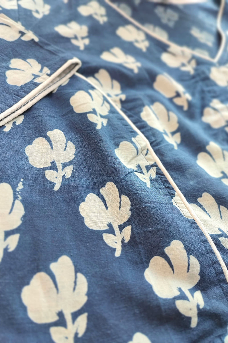 Indigo Handblock Blouse with White Floral Bootis With Sleeves