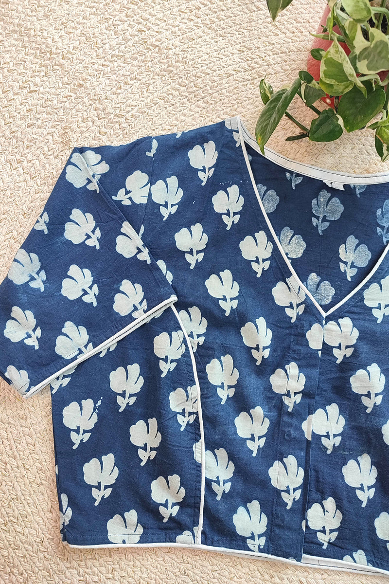 Indigo Handblock Blouse with White Floral Bootis With Sleeves