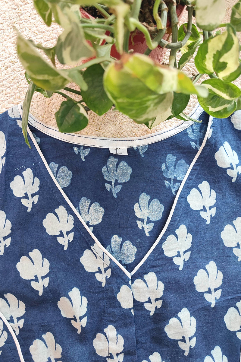 Indigo Handblock Blouse with White Floral Bootis With Sleeves