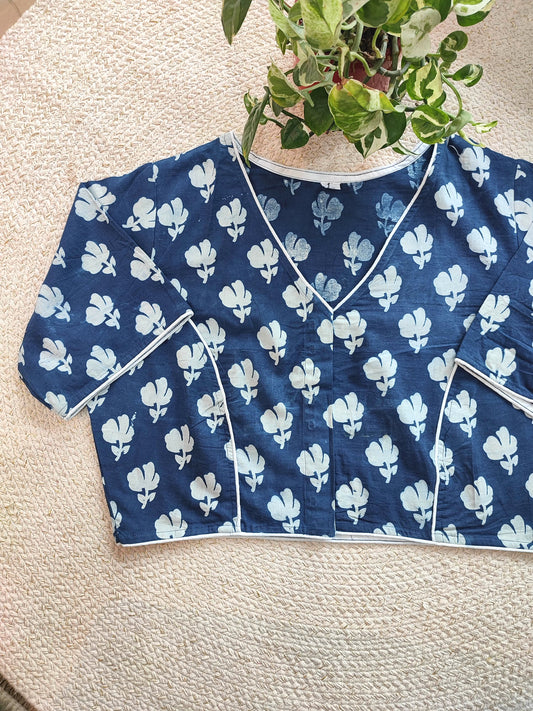 Indigo Handblock Blouse with White Floral Bootis With Sleeves