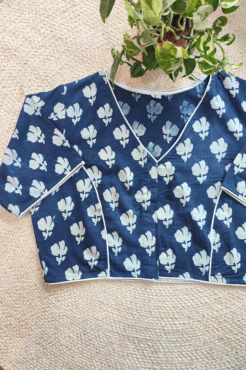 Indigo Handblock Blouse with White Floral Bootis With Sleeves