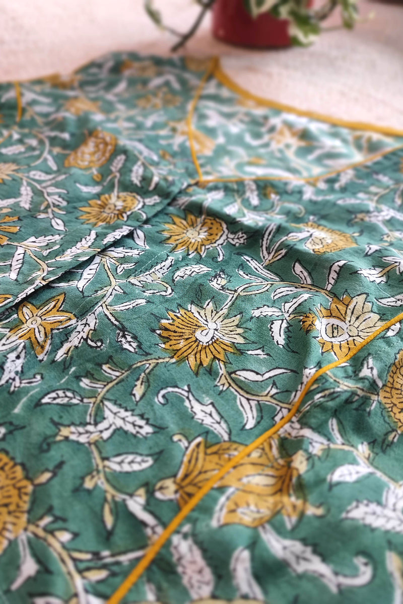 Green Handblock Floral Blouse with Mustard Piping Without Sleeves