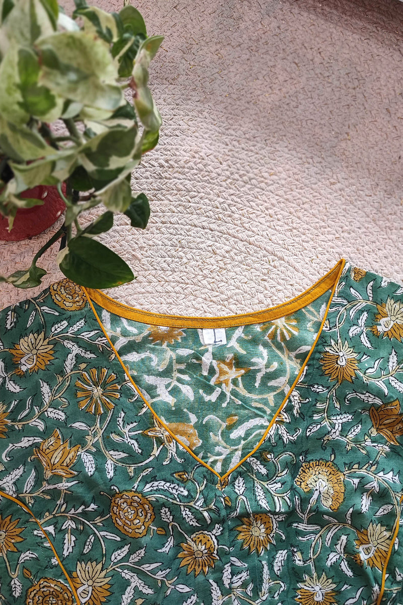 Green Handblock Floral Blouse with Mustard Piping Without Sleeves