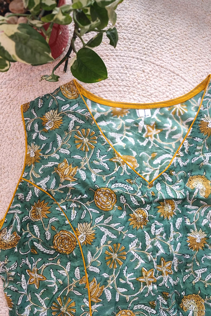 Green Handblock Floral Blouse with Mustard Piping Without Sleeves