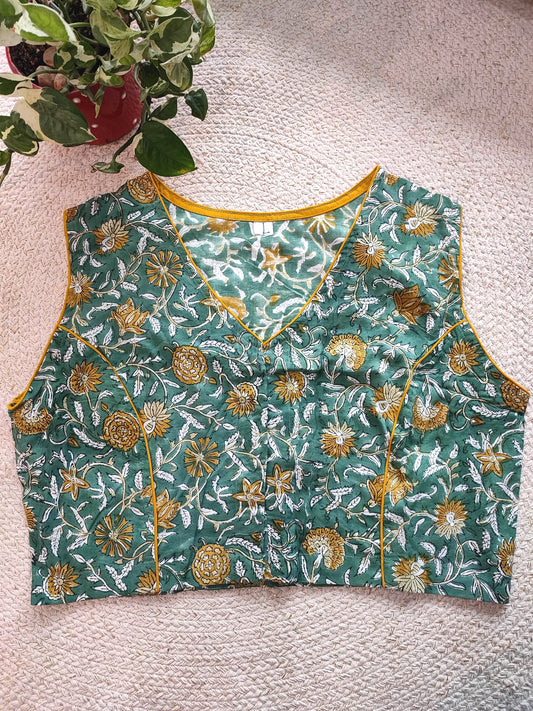 Green Handblock Floral Blouse with Mustard Piping Without Sleeves