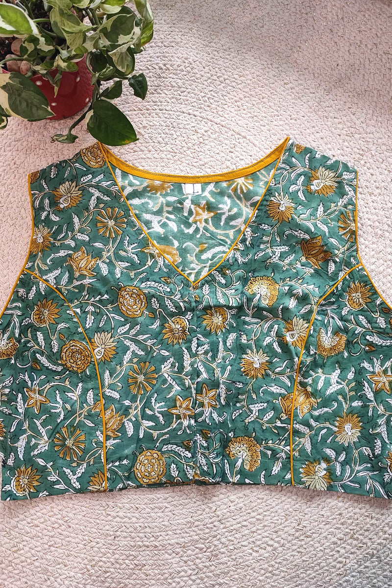 Green Handblock Floral Blouse with Mustard Piping Without Sleeves