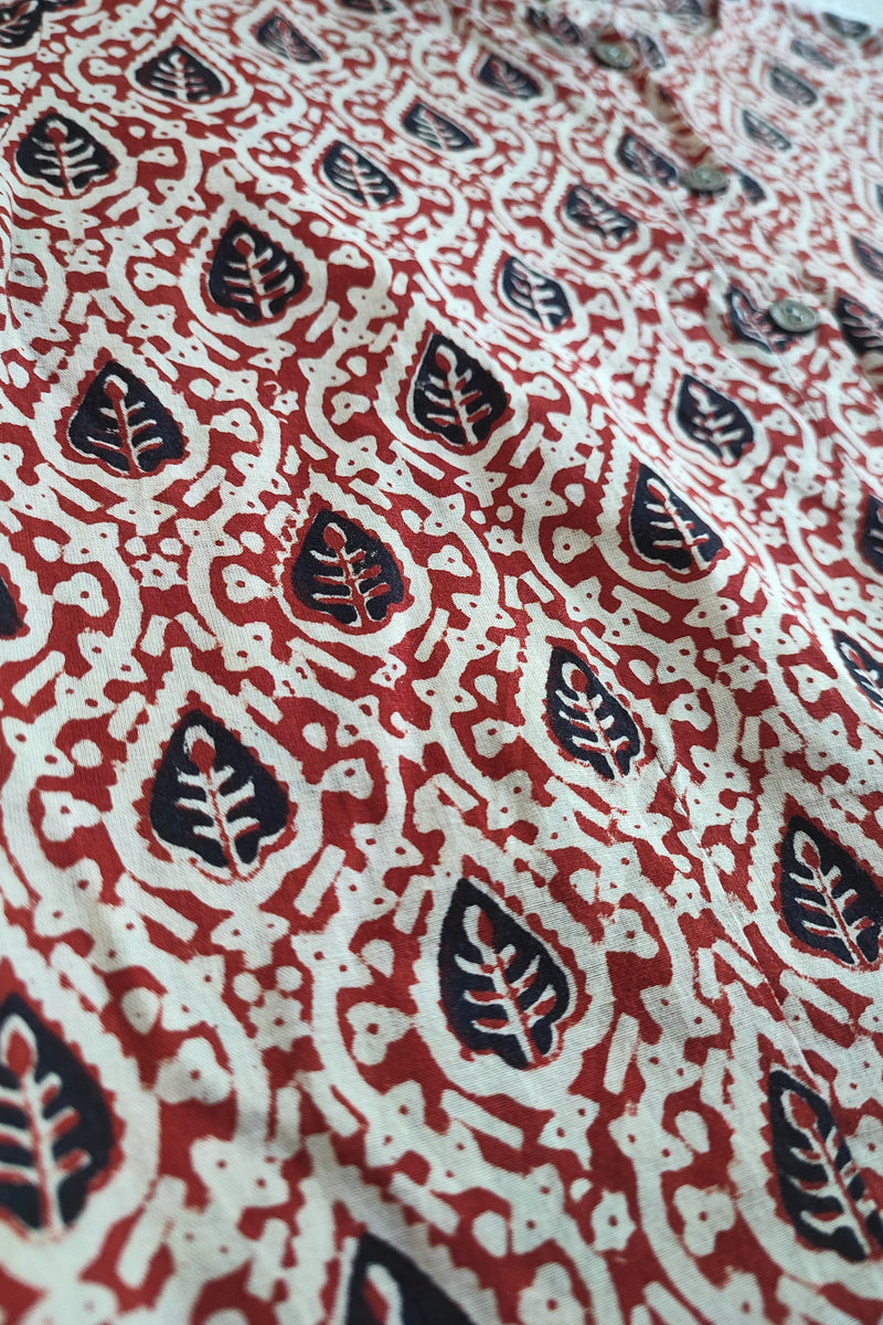 Red & Black Leaf Print Cotton Blouse with  Striped Cuffs Sleeves