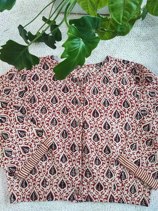 Red & Black Leaf Print Cotton Blouse with  Striped Cuffs Sleeves
