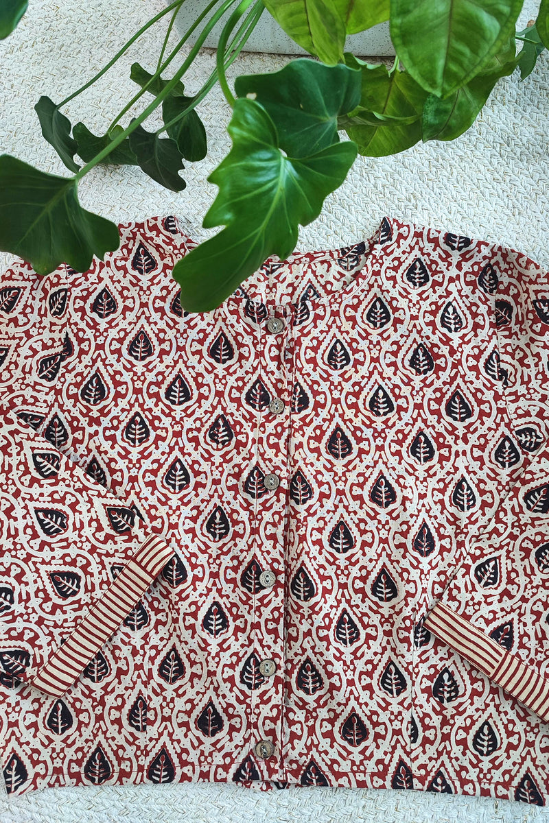 Red & Black Leaf Print Cotton Blouse with  Striped Cuffs Sleeves