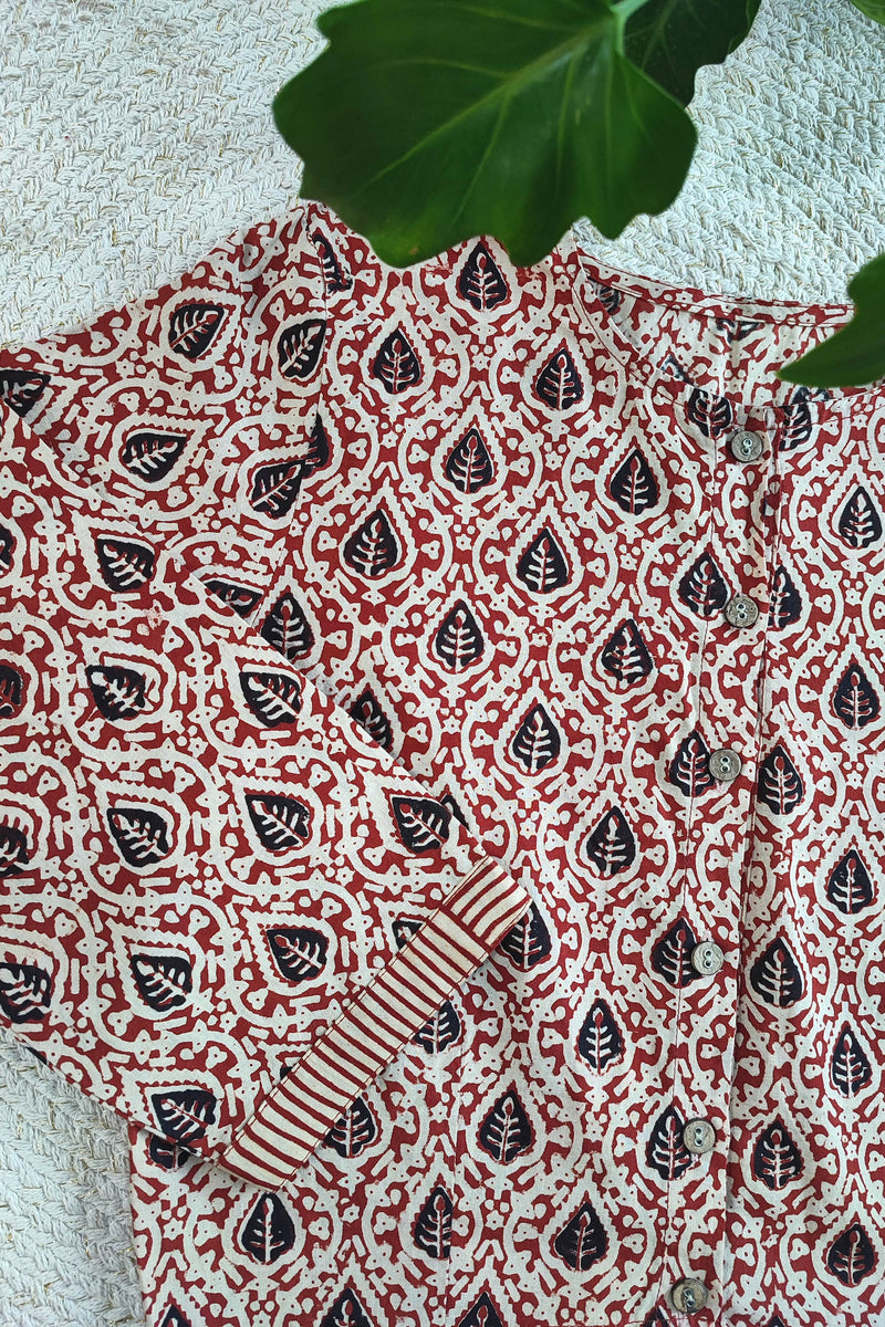 Red & Black Leaf Print Cotton Blouse with  Striped Cuffs Sleeves