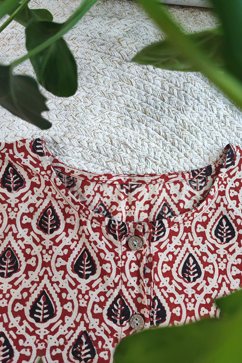Red & Black Leaf Print Cotton Blouse with  Striped Cuffs Sleeves