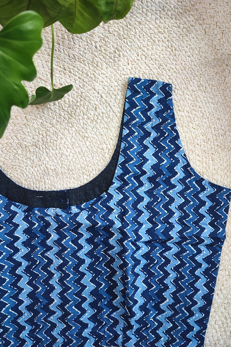 Indigo Zig-Zag Cotton Sleeveless Blouse – Handblock Print