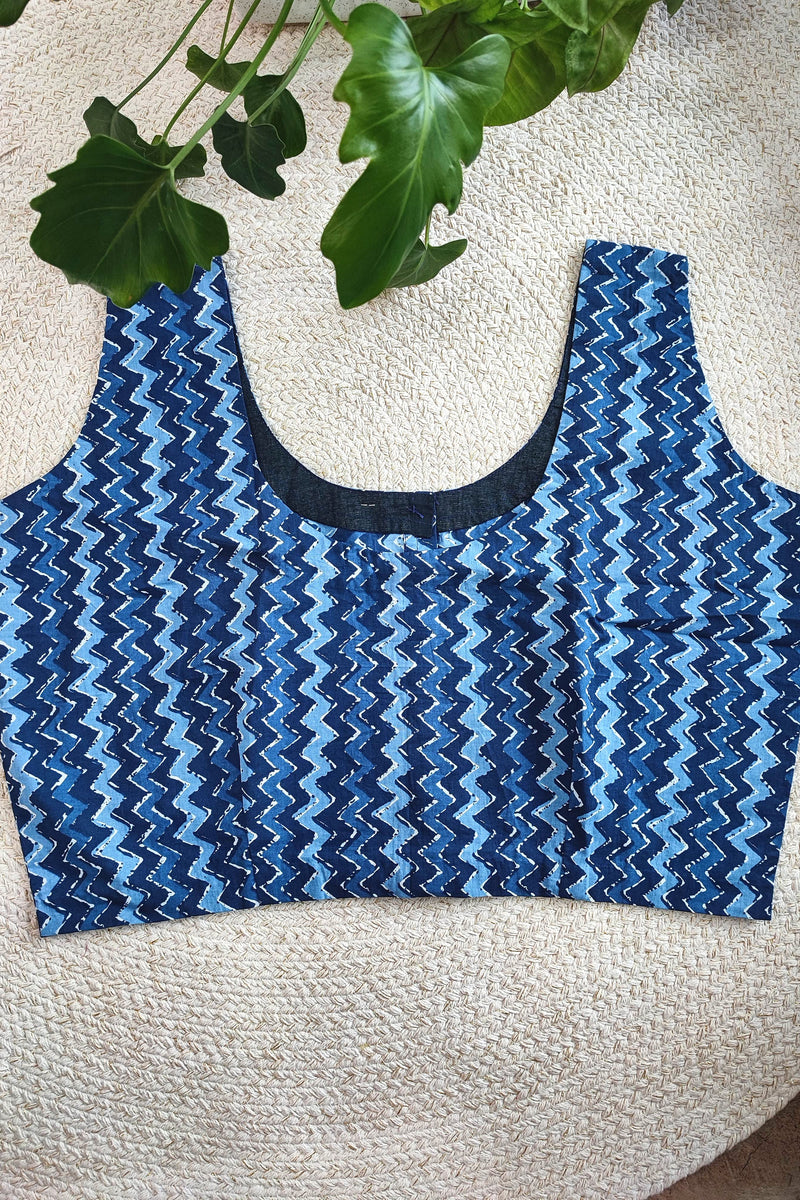 Indigo Zig-Zag Cotton Sleeveless Blouse – Handblock Print