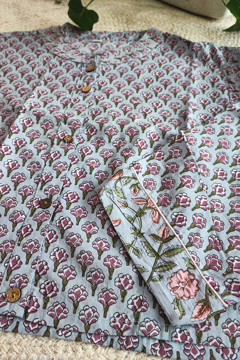 Grey Floral Printed Cotton Blouse – Frill Neck & Contrast Cuffs Sleeves