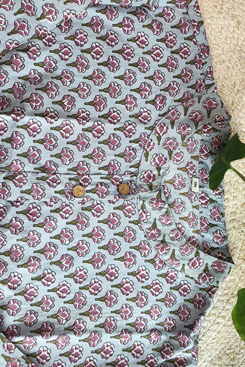 Grey Floral Printed Cotton Blouse – Frill Neck & Contrast Cuffs Sleeves