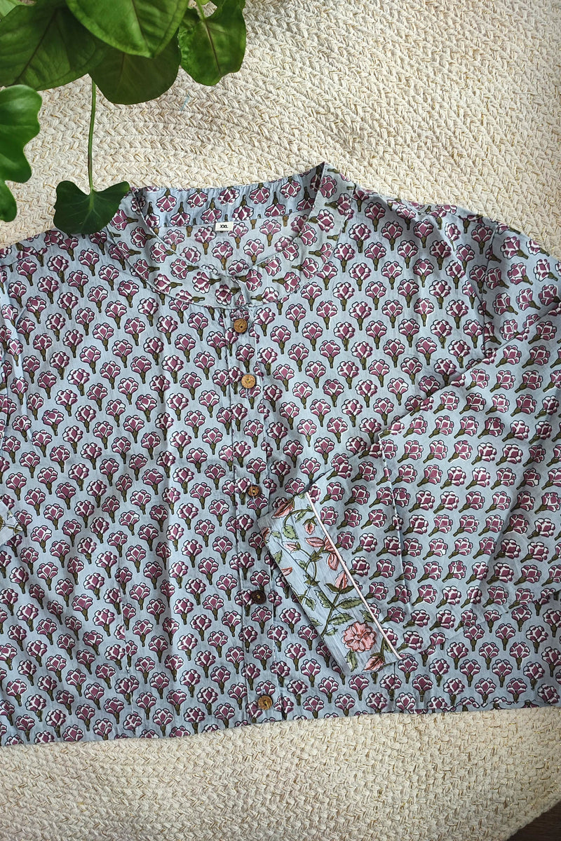 Grey Floral Printed Cotton Blouse – Frill Neck & Contrast Cuffs Sleeves