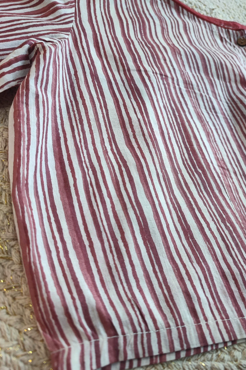 Maroon & White Striped Cotton Blouse – Full Sleeves with Contrast Cuffs