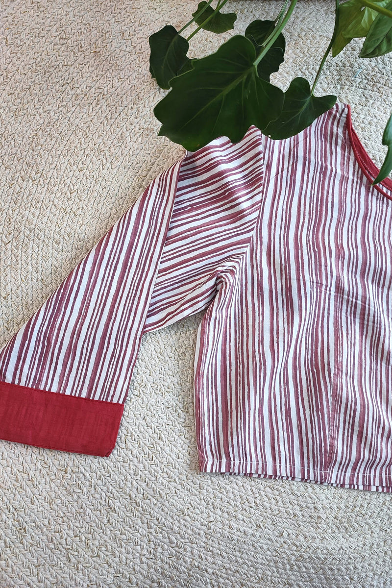 Maroon & White Striped Cotton Blouse – Full Sleeves with Contrast Cuffs