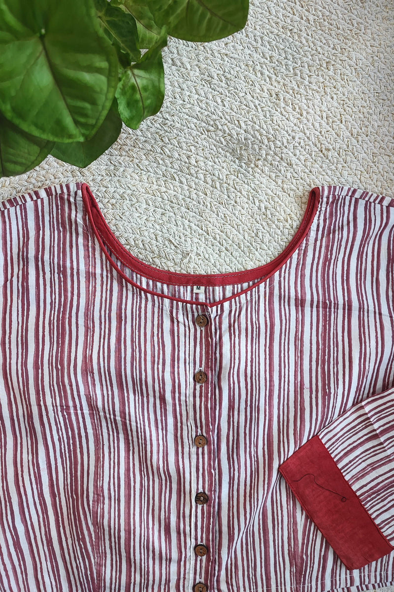 Maroon & White Striped Cotton Blouse – Full Sleeves with Contrast Cuffs