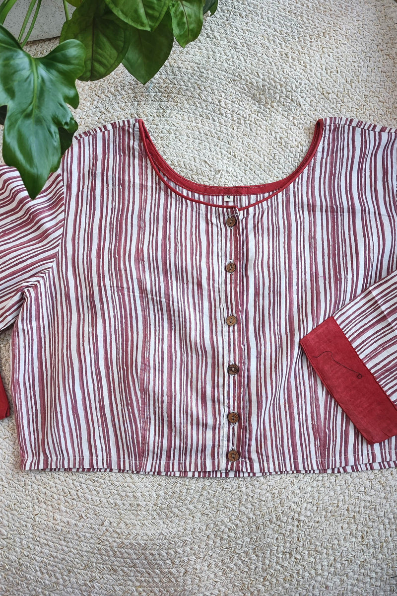 Maroon & White Striped Cotton Blouse – Full Sleeves with Contrast Cuffs