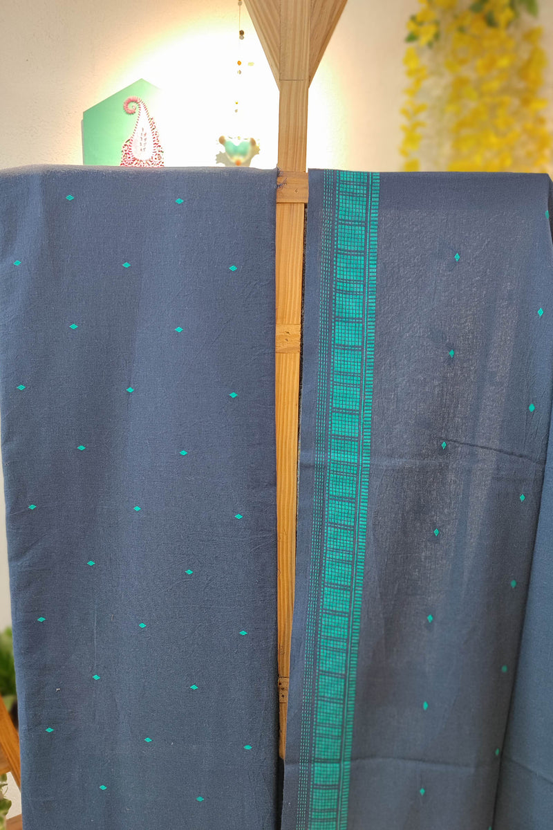 Blue Handloom Pure Cotton Suit with Teal Buta Weave