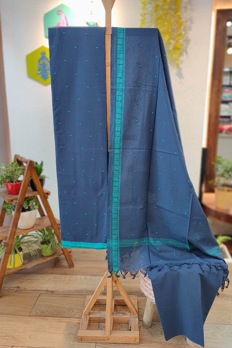 Blue Handloom Pure Cotton Suit with Teal Buta Weave