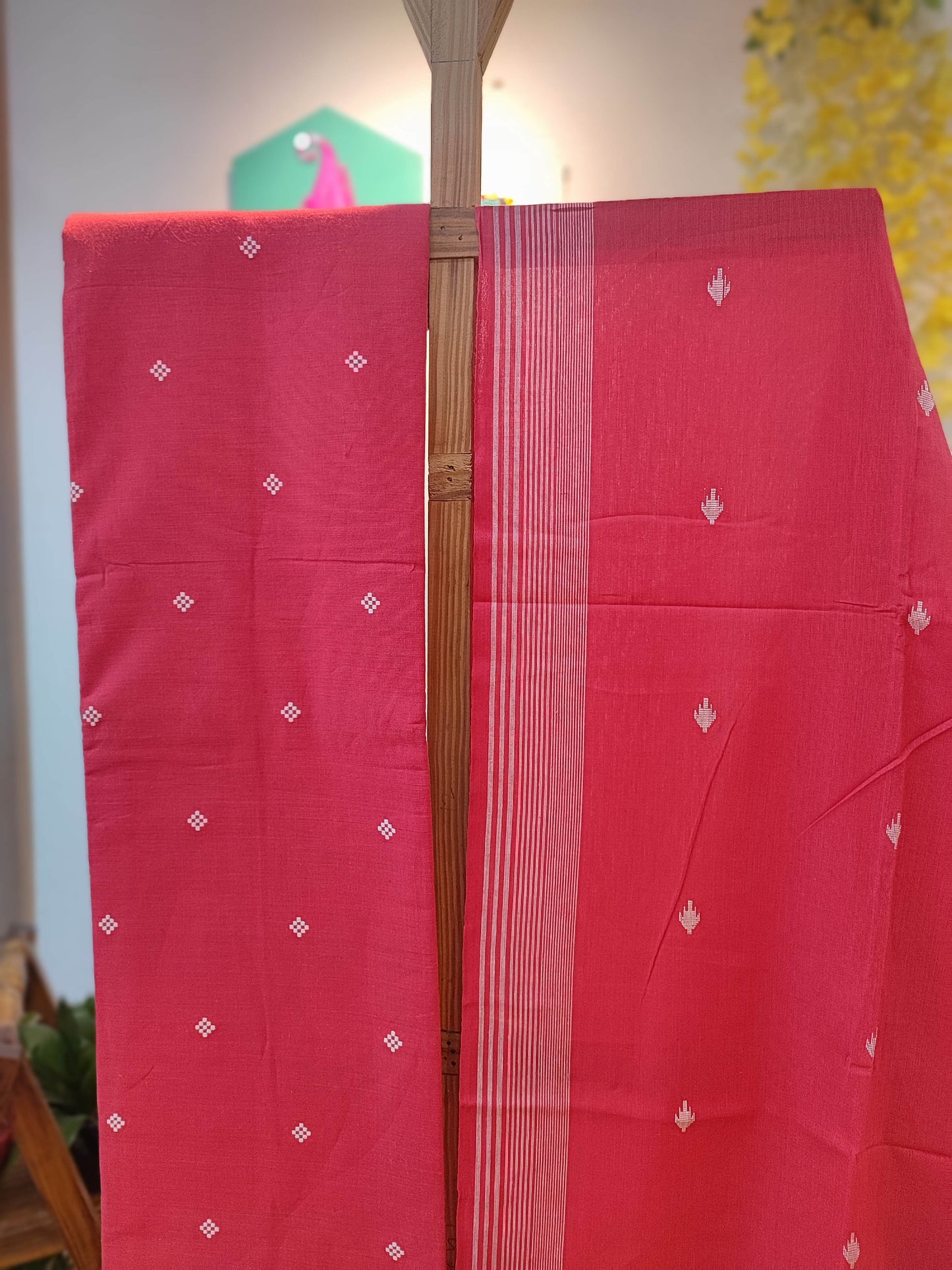 Coral Pink Handloom Pure Cotton Suit with Diamond and Buta Weave