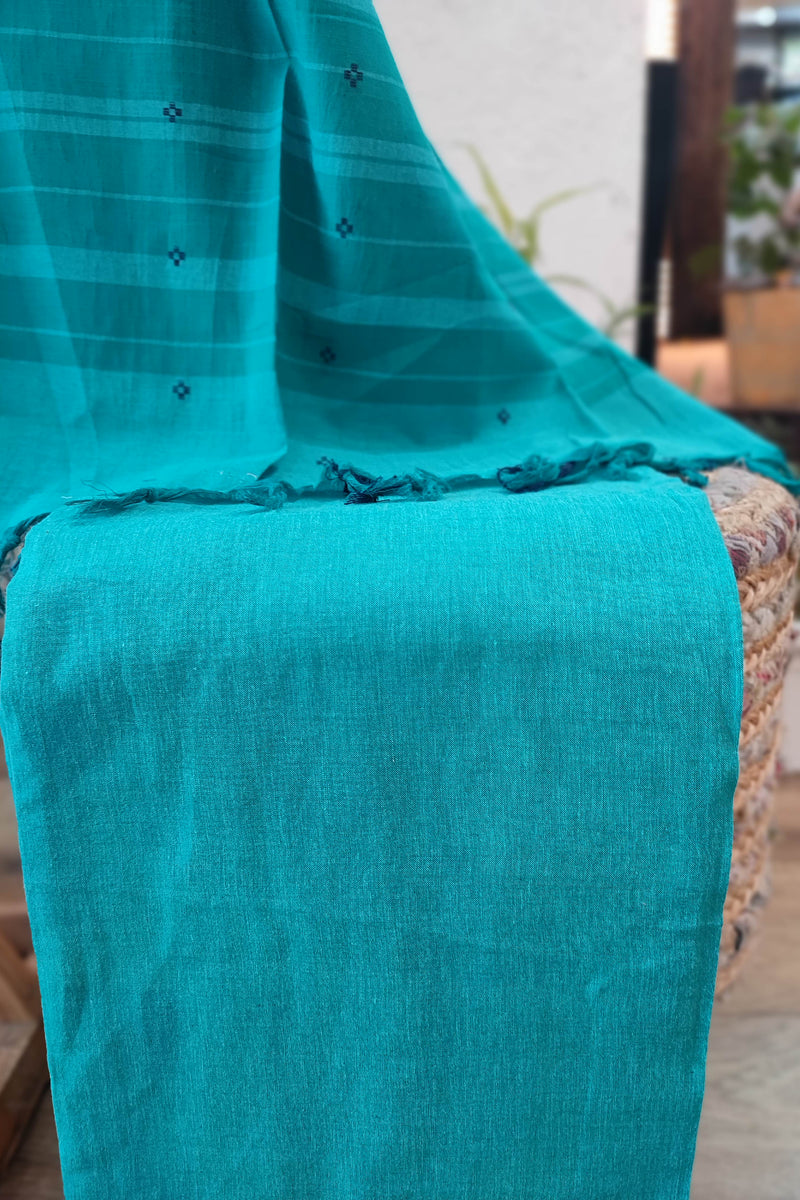 Teal Green Handloom Pure Cotton Suit with Checkered and Buta Weave with Striped Dupatta