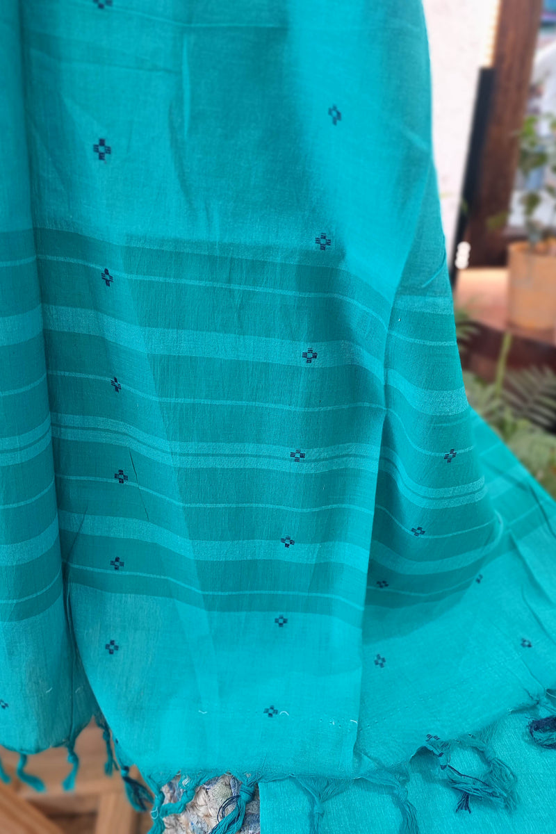 Teal Green Handloom Pure Cotton Suit with Checkered and Buta Weave with Striped Dupatta