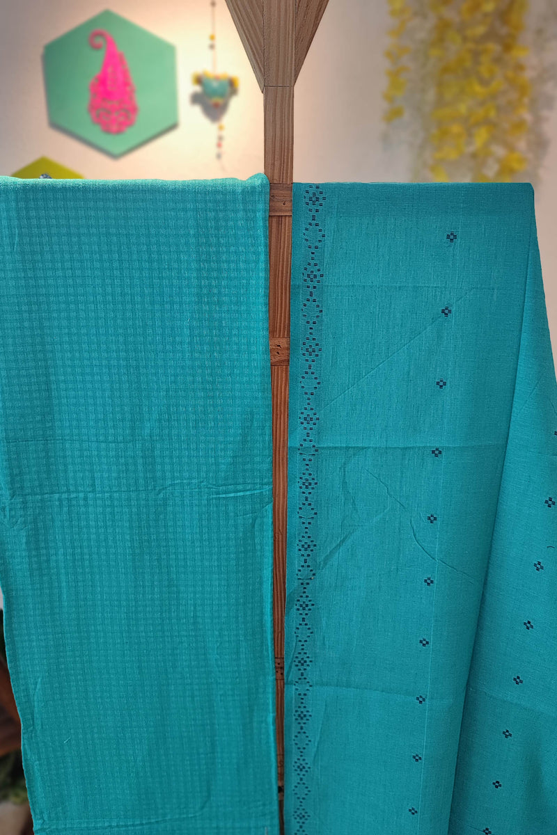 Teal Green Handloom Pure Cotton Suit with Checkered and Buta Weave with Striped Dupatta