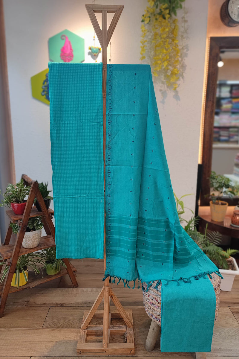 Teal Green Handloom Pure Cotton Suit with Checkered and Buta Weave with Striped Dupatta