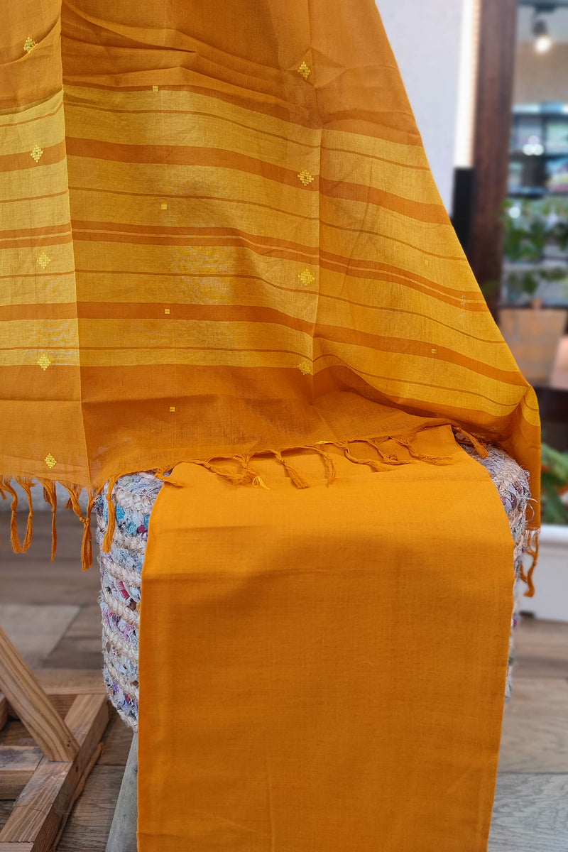 Mustard Yellow Handloom Pure Cotton Suit with Checkered and Buta Weave with Striped Dupatta