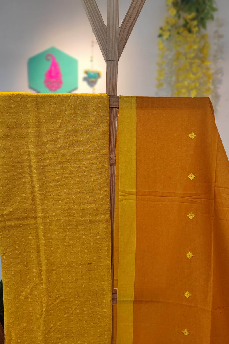 Mustard Yellow Handloom Pure Cotton Suit with Checkered and Buta Weave with Striped Dupatta