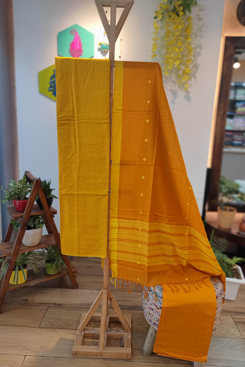 Mustard Yellow Handloom Pure Cotton Suit with Checkered and Buta Weave with Striped Dupatta