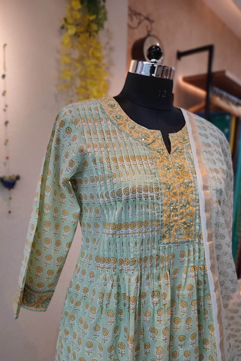 Light Green Handblock Cotton Suit With printed Pant and Sheer Kota Dupatta