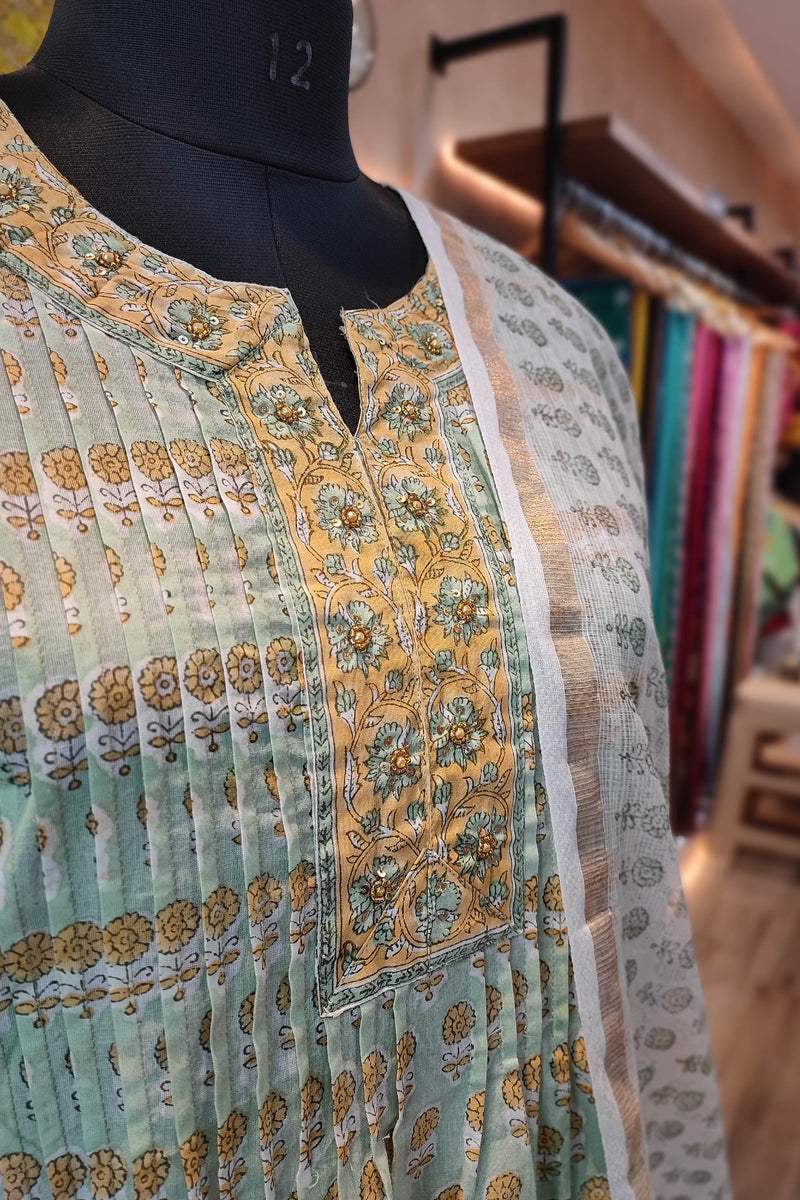 Light Green Handblock Cotton Suit With printed Pant and Sheer Kota Dupatta